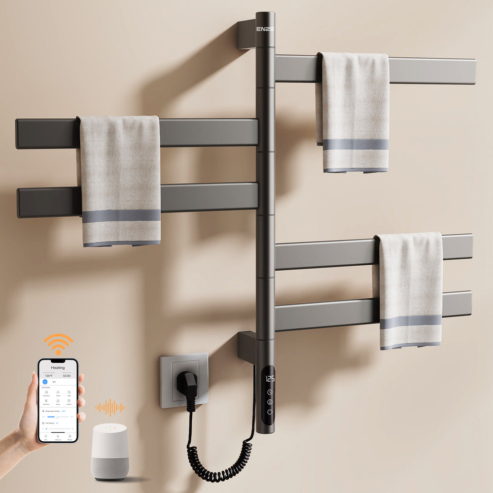 ENZE Smart Rotating Heated Towel Rack for Bathroom, 5-Bar Wall-Mounted Electric Towel Warmer 120W with Swivel Bars, Wi-Fi App Control, 24H Timer, Stainless Steel, IPX5, Hardwired/Plug-in, Gray
