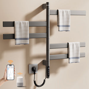 ENZE Smart Rotating Heated Towel Rack for Bathroom, 5-Bar Wall-Mounted Electric Towel Warmer 120W with Swivel Bars, Wi-Fi App Control, 24H Timer, Stainless Steel, IPX5, Hardwired/Plug-in, Gray