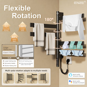 ENZE Smart Rotating Heated Towel Rack for Bathroom, 5-Bar Wall-Mounted Electric Towel Warmer 120W with Swivel Bars, Wi-Fi App Control, 24H Timer, Stainless Steel, IPX5, Hardwired/Plug-in, Matte Black