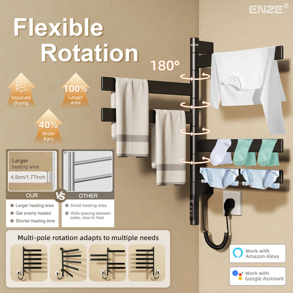 ENZE Smart Rotating Heated Towel Rack for Bathroom, 5-Bar Wall-Mounted Electric Towel Warmer 120W with Swivel Bars, Wi-Fi App Control, 24H Timer, Stainless Steel, IPX5, Hardwired/Plug-in, Matte Black