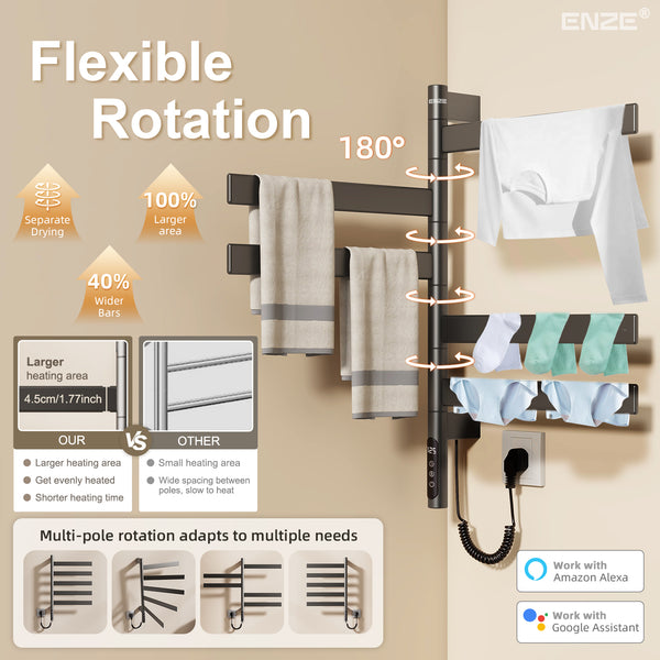 ENZE Smart Rotating Heated Towel Rack for Bathroom, 5-Bar Wall-Mounted Electric Towel Warmer 120W with Swivel Bars, Wi-Fi App Control, 24H Timer, Stainless Steel, IPX5, Hardwired/Plug-in, Gray