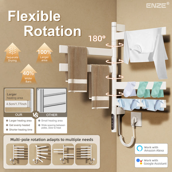 ENZE Smart Rotating Heated Towel Rack for Bathroom, 5-Bar Wall-Mounted Electric Towel Warmer 120W with Swivel Bars, Wi-Fi App Control, 24H Timer, Stainless Steel, IPX5, Hardwired/Plug-in, White
