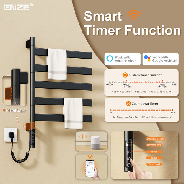 ENZE Smart Rotating Heated Towel Rack for Bathroom, 5-Bar Wall-Mounted Electric Towel Warmer 120W with Swivel Bars, Wi-Fi App Control, 24H Timer, Stainless Steel, IPX5, Hardwired/Plug-in, Matte Black