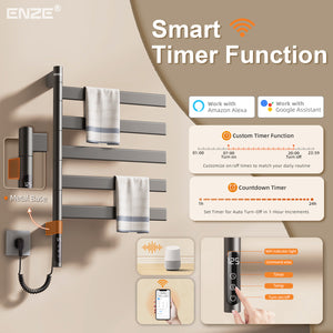 ENZE Smart Rotating Heated Towel Rack for Bathroom, 5-Bar Wall-Mounted Electric Towel Warmer 120W with Swivel Bars, Wi-Fi App Control, 24H Timer, Stainless Steel, IPX5, Hardwired/Plug-in, Gray