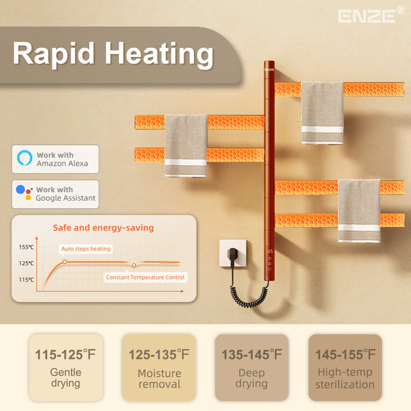 ENZE Smart Rotating Heated Towel Rack for Bathroom, 5-Bar Wall-Mounted Electric Towel Warmer 120W with Swivel Bars, Wi-Fi App Control, 24H Timer, Stainless Steel, IPX5, Hardwired/Plug-in, Matte Black