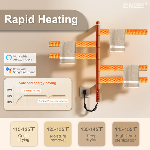ENZE Smart Rotating Heated Towel Rack for Bathroom, 5-Bar Wall-Mounted Electric Towel Warmer 120W with Swivel Bars, Wi-Fi App Control, 24H Timer, Stainless Steel, IPX5, Hardwired/Plug-in, Gray