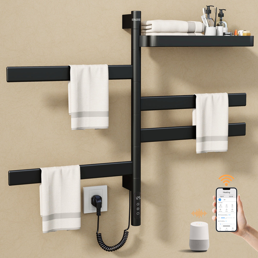 ENZE Smart Rotating Heated Towel Rack for Bathroom, 4-Bar Wall-Mounted Electric Towel Warmer 100W with Swivel Shelf, Wi-Fi App Control, 24H Timer, Stainless Steel, IPX5, Hardwired/Plug-in, Matte Black