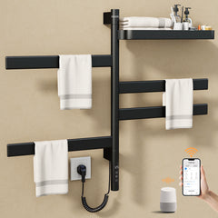 ENZE Smart Rotating Heated Towel Rack for Bathroom, 4-Bar Wall-Mounted Electric Towel Warmer 100W with Swivel Shelf, Wi-Fi App Control, 24H Timer, Stainless Steel, IPX5, Hardwired/Plug-in, Matte Black