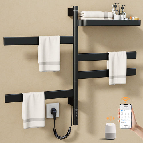 ENZE Smart Rotating Heated Towel Rack for Bathroom, 4-Bar Wall-Mounted Electric Towel Warmer 100W with Swivel Shelf, Wi-Fi App Control, 24H Timer, Stainless Steel, IPX5, Hardwired/Plug-in, White