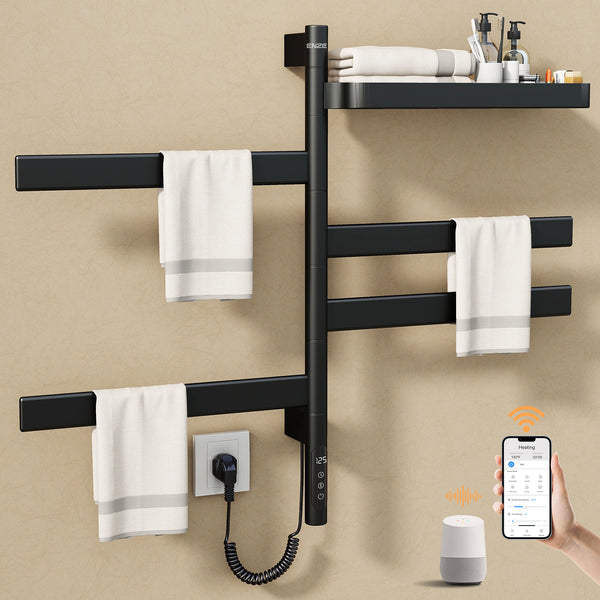 ENZE Smart Rotating Heated Towel Rack for Bathroom, 4-Bar Wall-Mounted Electric Towel Warmer 100W with Swivel Shelf, Wi-Fi App Control, 24H Timer, Stainless Steel, IPX5, Hardwired/Plug-in, Matte Black