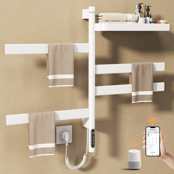 ENZE Smart Rotating Heated Towel Rack for Bathroom, 4-Bar Wall-Mounted Electric Towel Warmer 100W with Swivel Shelf, Wi-Fi App Control, 24H Timer, Stainless Steel, IPX5, Hardwired/Plug-in, White