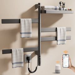 ENZE Smart Rotating Heated Towel Rack for Bathroom, 4-Bar Wall-Mounted Electric Towel Warmer 100W with Swivel Shelf, Wi-Fi App Control, 24H Timer, Stainless Steel, IPX5, Hardwired/Plug-in, Gray