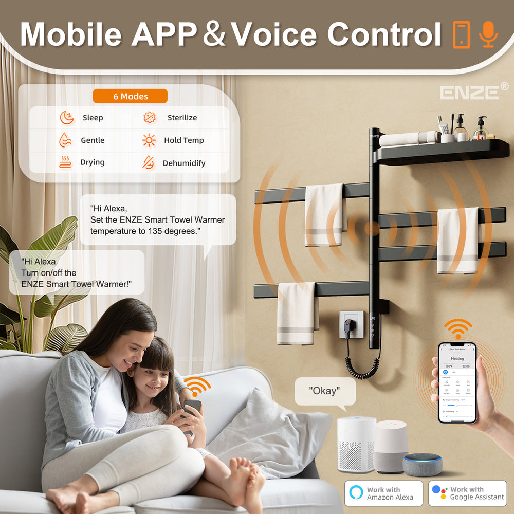 ENZE Smart Rotating Heated Towel Rack for Bathroom, 4-Bar Wall-Mounted Electric Towel Warmer 100W with Swivel Shelf, Wi-Fi App Control, 24H Timer, Stainless Steel, IPX5, Hardwired/Plug-in, Matte Black