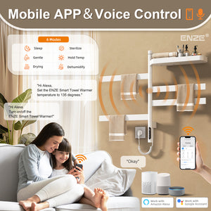 ENZE Smart Rotating Heated Towel Rack for Bathroom, 4-Bar Wall-Mounted Electric Towel Warmer 100W with Swivel Shelf, Wi-Fi App Control, 24H Timer, Stainless Steel, IPX5, Hardwired/Plug-in, White