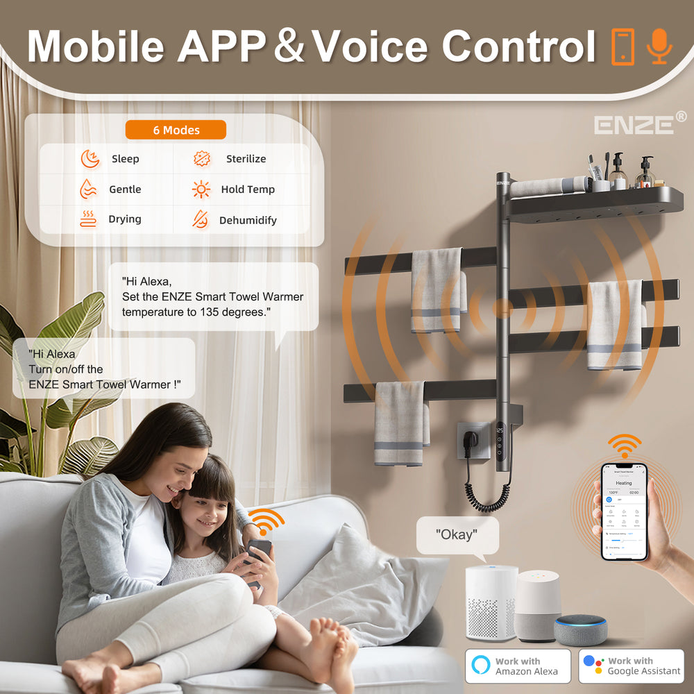 ENZE Smart Rotating Heated Towel Rack for Bathroom, 4-Bar Wall-Mounted Electric Towel Warmer 100W with Swivel Shelf, Wi-Fi App Control, 24H Timer, Stainless Steel, IPX5, Hardwired/Plug-in, Gray