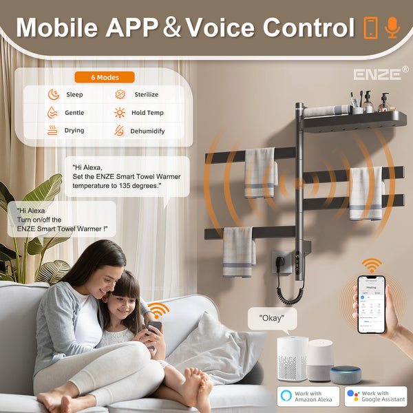 ENZE Smart Rotating Heated Towel Rack for Bathroom, 4-Bar Wall-Mounted Electric Towel Warmer 100W with Swivel Shelf, Wi-Fi App Control, 24H Timer, Stainless Steel, IPX5, Hardwired/Plug-in, Gray