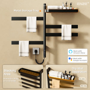 ENZE Smart Rotating Heated Towel Rack for Bathroom, 4-Bar Wall-Mounted Electric Towel Warmer 100W with Swivel Shelf, Wi-Fi App Control, 24H Timer, Stainless Steel, IPX5, Hardwired/Plug-in, Matte Black