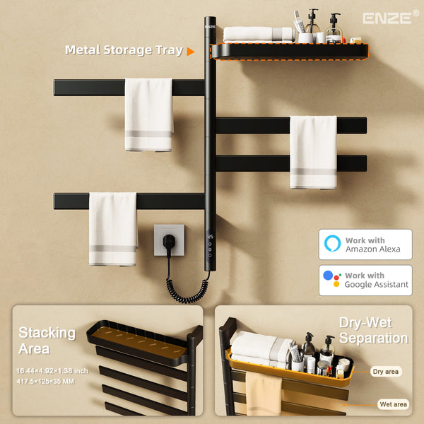 ENZE Smart Rotating Heated Towel Rack for Bathroom, 4-Bar Wall-Mounted Electric Towel Warmer 100W with Swivel Shelf, Wi-Fi App Control, 24H Timer, Stainless Steel, IPX5, Hardwired/Plug-in, Matte Black