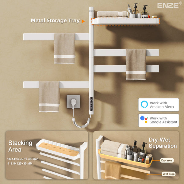 ENZE Smart Rotating Heated Towel Rack for Bathroom, 4-Bar Wall-Mounted Electric Towel Warmer 100W with Swivel Shelf, Wi-Fi App Control, 24H Timer, Stainless Steel, IPX5, Hardwired/Plug-in, White