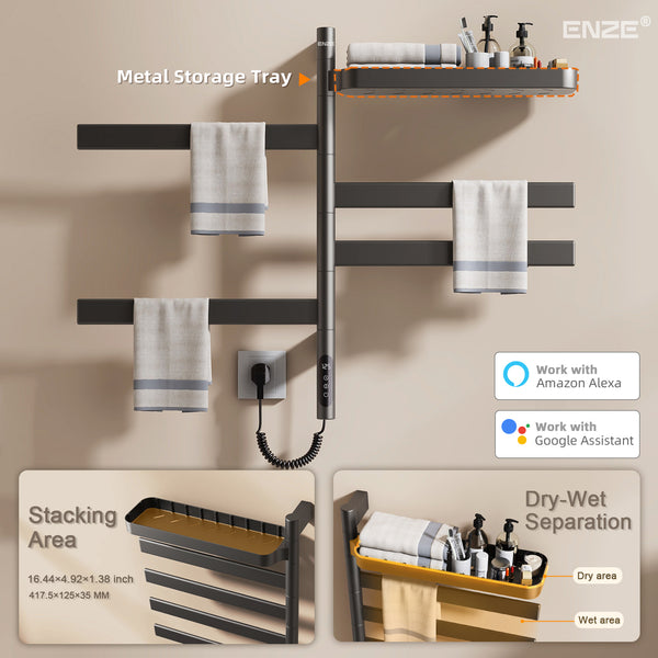 ENZE Smart Rotating Heated Towel Rack for Bathroom, 4-Bar Wall-Mounted Electric Towel Warmer 100W with Swivel Shelf, Wi-Fi App Control, 24H Timer, Stainless Steel, IPX5, Hardwired/Plug-in, Gray