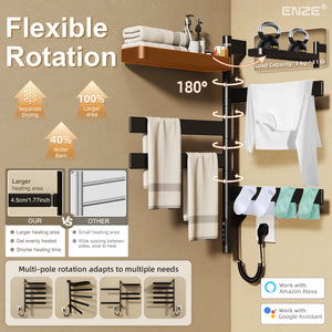 ENZE Smart Rotating Heated Towel Rack for Bathroom, 4-Bar Wall-Mounted Electric Towel Warmer 100W with Swivel Shelf, Wi-Fi App Control, 24H Timer, Stainless Steel, IPX5, Hardwired/Plug-in, Matte Black