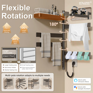 ENZE Smart Rotating Heated Towel Rack for Bathroom, 4-Bar Wall-Mounted Electric Towel Warmer 100W with Swivel Shelf, Wi-Fi App Control, 24H Timer, Stainless Steel, IPX5, Hardwired/Plug-in, Gray