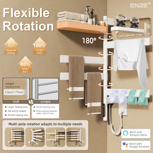 ENZE Smart Rotating Heated Towel Rack for Bathroom, 4-Bar Wall-Mounted Electric Towel Warmer 100W with Swivel Shelf, Wi-Fi App Control, 24H Timer, Stainless Steel, IPX5, Hardwired/Plug-in, White