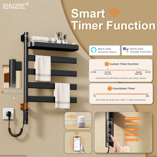 ENZE Smart Rotating Heated Towel Rack for Bathroom, 4-Bar Wall-Mounted Electric Towel Warmer 100W with Swivel Shelf, Wi-Fi App Control, 24H Timer, Stainless Steel, IPX5, Hardwired/Plug-in, Matte Black