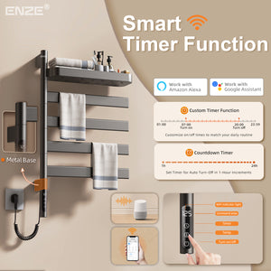 ENZE Smart Rotating Heated Towel Rack for Bathroom, 4-Bar Wall-Mounted Electric Towel Warmer 100W with Swivel Shelf, Wi-Fi App Control, 24H Timer, Stainless Steel, IPX5, Hardwired/Plug-in, Gray