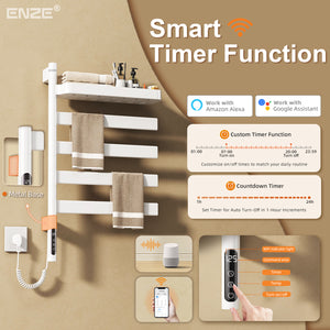 ENZE Smart Rotating Heated Towel Rack for Bathroom, 4-Bar Wall-Mounted Electric Towel Warmer 100W with Swivel Shelf, Wi-Fi App Control, 24H Timer, Stainless Steel, IPX5, Hardwired/Plug-in, White