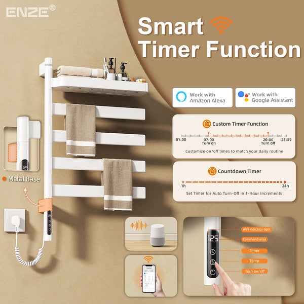 ENZE Smart Rotating Heated Towel Rack for Bathroom, 4-Bar Wall-Mounted Electric Towel Warmer 100W with Swivel Shelf, Wi-Fi App Control, 24H Timer, Stainless Steel, IPX5, Hardwired/Plug-in, White