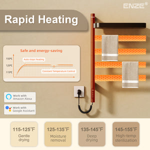 ENZE Smart Rotating Heated Towel Rack for Bathroom, 4-Bar Wall-Mounted Electric Towel Warmer 100W with Swivel Shelf, Wi-Fi App Control, 24H Timer, Stainless Steel, IPX5, Hardwired/Plug-in, Matte Black