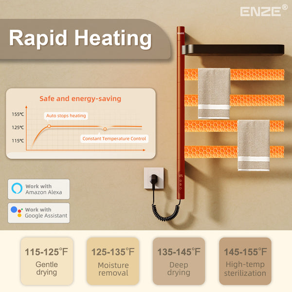 ENZE Smart Rotating Heated Towel Rack for Bathroom, 4-Bar Wall-Mounted Electric Towel Warmer 100W with Swivel Shelf, Wi-Fi App Control, 24H Timer, Stainless Steel, IPX5, Hardwired/Plug-in, Matte Black