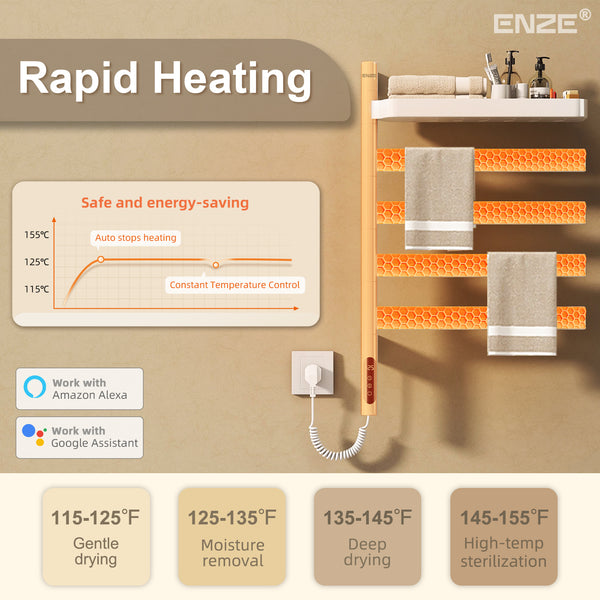 ENZE Smart Rotating Heated Towel Rack for Bathroom, 4-Bar Wall-Mounted Electric Towel Warmer 100W with Swivel Shelf, Wi-Fi App Control, 24H Timer, Stainless Steel, IPX5, Hardwired/Plug-in, White