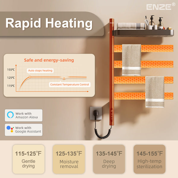 ENZE Smart Rotating Heated Towel Rack for Bathroom, 4-Bar Wall-Mounted Electric Towel Warmer 100W with Swivel Shelf, Wi-Fi App Control, 24H Timer, Stainless Steel, IPX5, Hardwired/Plug-in, Gray