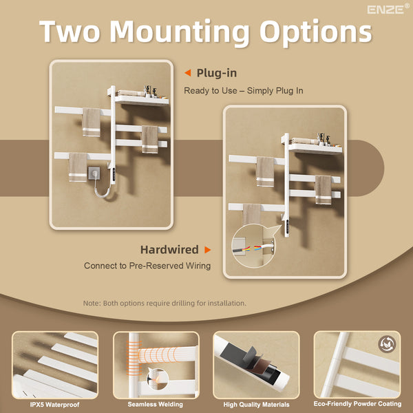 ENZE Smart Rotating Heated Towel Rack for Bathroom, 4-Bar Wall-Mounted Electric Towel Warmer 100W with Swivel Shelf, Wi-Fi App Control, 24H Timer, Stainless Steel, IPX5, Hardwired/Plug-in, White