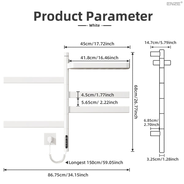 ENZE Smart Rotating Heated Towel Rack for Bathroom, 4-Bar Wall-Mounted Electric Towel Warmer 100W with Swivel Shelf, Wi-Fi App Control, 24H Timer, Stainless Steel, IPX5, Hardwired/Plug-in, White
