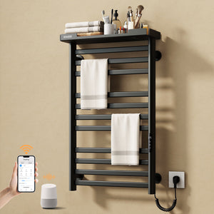 ENZE Smart Heated Towel Rack, 11-Bar Wall-Mounted Electric Towel Warmer 290W with Shelf, Wi-Fi App Control & LED Touch Screen, Adjustable Temperature & 24H Timer, IPX5, Plug-in/Hardwired, Matte Black