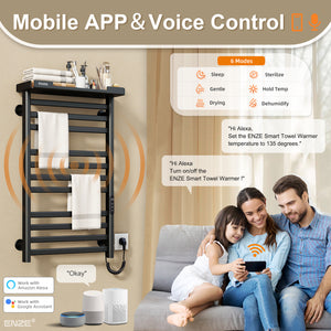 ENZE Smart Heated Towel Rack, 11-Bar Wall-Mounted Electric Towel Warmer 290W with Shelf, Wi-Fi App Control & LED Touch Screen, Adjustable Temperature & 24H Timer, IPX5, Plug-in/Hardwired, Matte Black