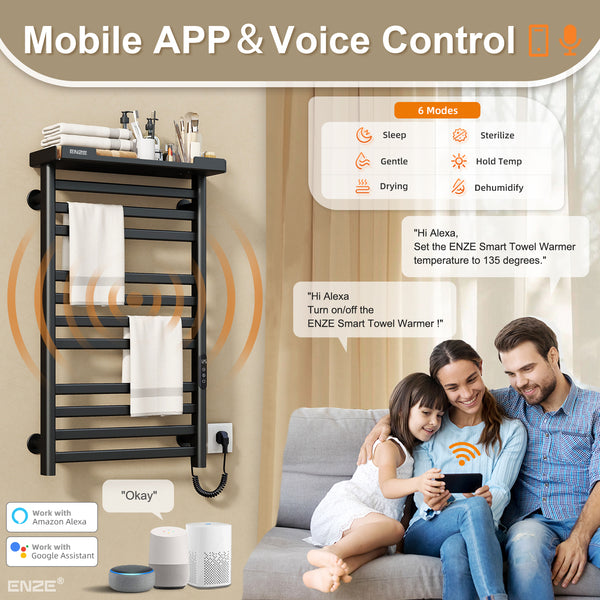 ENZE Smart Heated Towel Rack, 11-Bar Wall-Mounted Electric Towel Warmer 290W with Shelf, Wi-Fi App Control & LED Touch Screen, Adjustable Temperature & 24H Timer, IPX5, Plug-in/Hardwired, Matte Black
