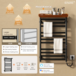 ENZE Smart Heated Towel Rack, 11-Bar Wall-Mounted Electric Towel Warmer 290W with Shelf, Wi-Fi App Control & LED Touch Screen, Adjustable Temperature & 24H Timer, IPX5, Plug-in/Hardwired, Matte Black