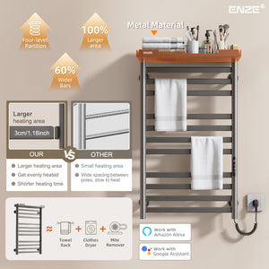 ENZE Smart Heated Towel Rack, 11-Bar Wall-Mounted Electric Towel Warmer 290W with Shelf, Wi-Fi App Control & LED Touch Screen, Adjustable Temperature & 24H Timer, IPX5, Plug-in/Hardwired, Gray