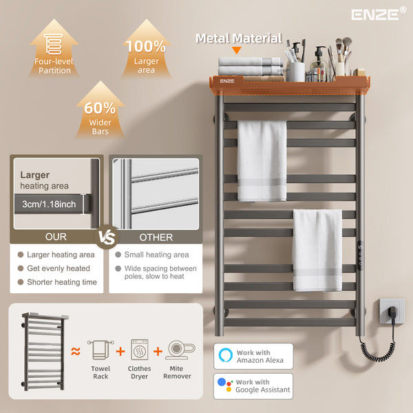 ENZE Smart Heated Towel Rack, 11-Bar Wall-Mounted Electric Towel Warmer 290W with Shelf, Wi-Fi App Control & LED Touch Screen, Adjustable Temperature & 24H Timer, IPX5, Plug-in/Hardwired, Gray
