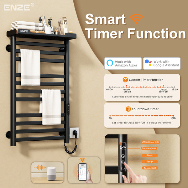 ENZE Smart Heated Towel Rack, 11-Bar Wall-Mounted Electric Towel Warmer 290W with Shelf, Wi-Fi App Control & LED Touch Screen, Adjustable Temperature & 24H Timer, IPX5, Plug-in/Hardwired, Matte Black
