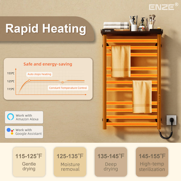 ENZE Smart Heated Towel Rack, 11-Bar Wall-Mounted Electric Towel Warmer 290W with Shelf, Wi-Fi App Control & LED Touch Screen, Adjustable Temperature & 24H Timer, IPX5, Plug-in/Hardwired, Matte Black