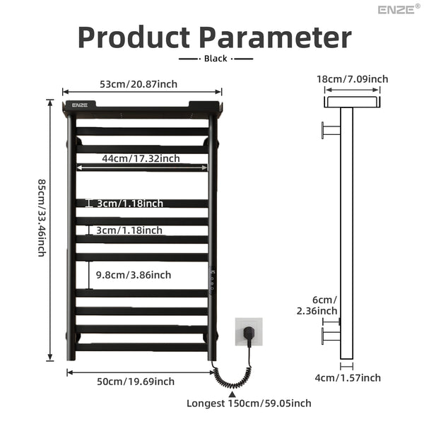 ENZE Smart Heated Towel Rack, 11-Bar Wall-Mounted Electric Towel Warmer 290W with Shelf, Wi-Fi App Control & LED Touch Screen, Adjustable Temperature & 24H Timer, IPX5, Plug-in/Hardwired, Matte Black