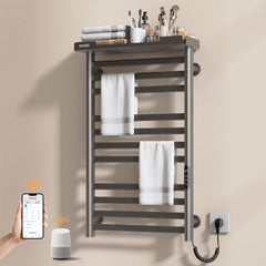 ENZE Smart Heated Towel Rack, 11-Bar Wall-Mounted Electric Towel Warmer 290W with Shelf, Wi-Fi App Control & LED Touch Screen, Adjustable Temperature & 24H Timer, IPX5, Plug-in/Hardwired, Gray