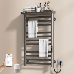 ENZE Smart Heated Towel Rack, 11-Bar Wall-Mounted Electric Towel Warmer 290W with Shelf, Wi-Fi App Control & LED Touch Screen, Adjustable Temperature & 24H Timer, IPX5, Plug-in/Hardwired, Gray