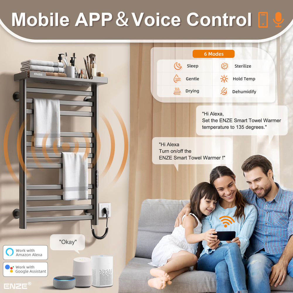 ENZE Smart Heated Towel Rack, 11-Bar Wall-Mounted Electric Towel Warmer 290W with Shelf, Wi-Fi App Control & LED Touch Screen, Adjustable Temperature & 24H Timer, IPX5, Plug-in/Hardwired, Gray