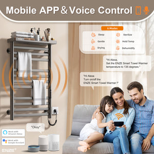 ENZE Smart Heated Towel Rack, 11-Bar Wall-Mounted Electric Towel Warmer 290W with Shelf, Wi-Fi App Control & LED Touch Screen, Adjustable Temperature & 24H Timer, IPX5, Plug-in/Hardwired, Gray
